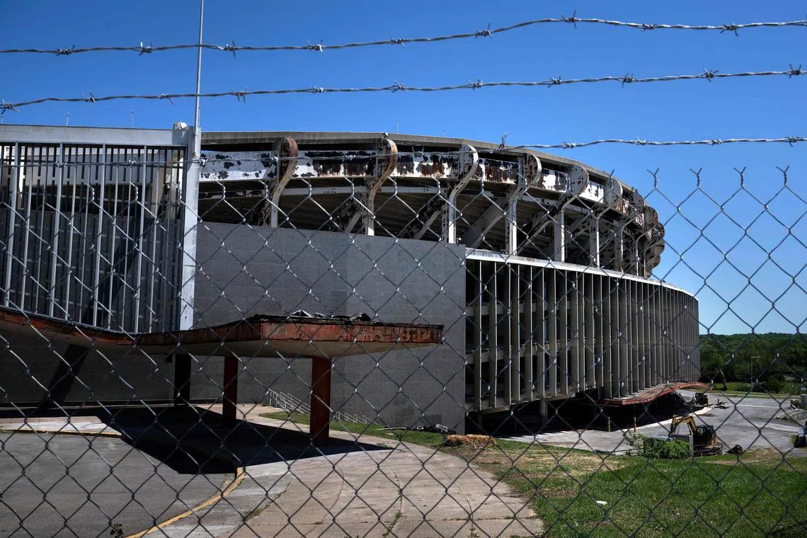 A view of the Robert F. Kennedy Stadium, defunct and currently under demolition, in Washington, DC, on April 28. The Washington Commanders NFL team and the city announced an agreement to build a new stadium at the site where the team formerly played from 1961 to 1996. The team currently play at Northwest Stadium in Landover, Maryland.