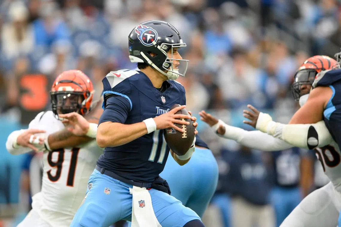 Dec 15, 2024; Nashville, Tennessee, USA;  Tennessee Titans quarterback Mason Rudolph (11) stands in the pocket against the Cincinnati Bengals during the second half at Nissan Stadium. Steve Roberts-Imagn Images/File Photo