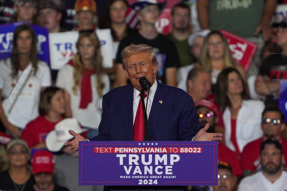 Republican presidential nominee and former US president Donald Trump speaks as he holds a campaign rally in Wilkes-Barre, Pennsylvania, on Aug 17.
