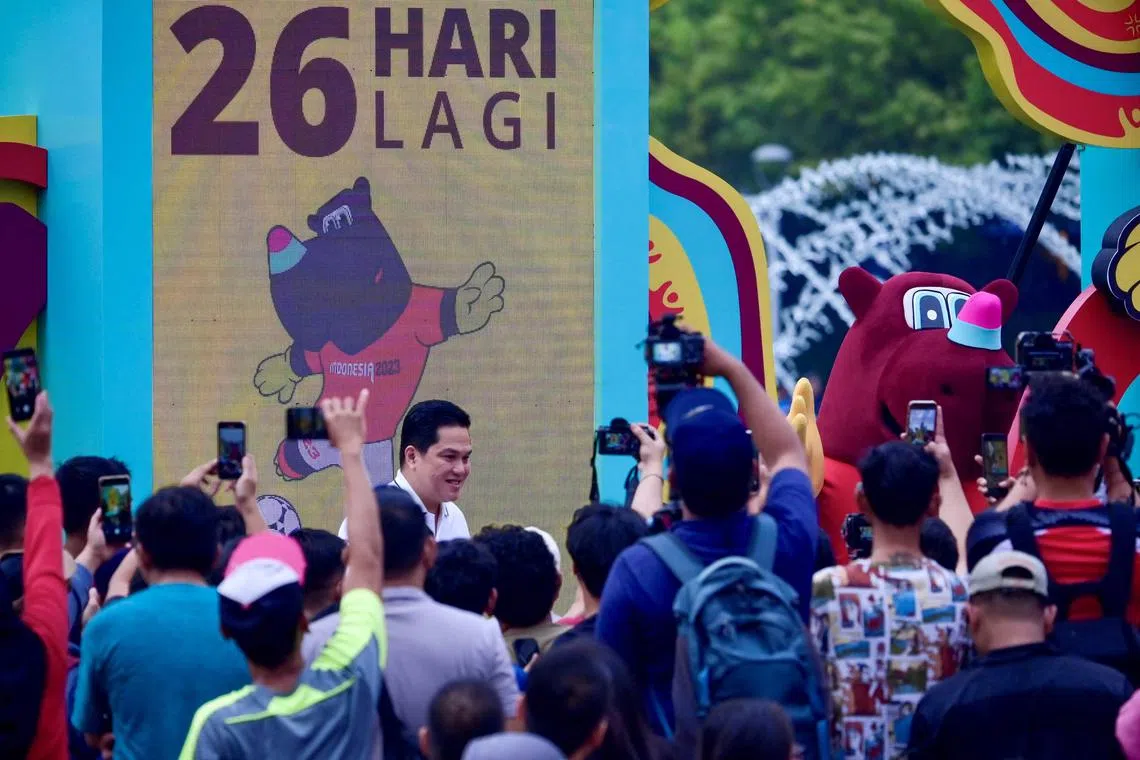 Indonesian football federation president Erick Thohir (centre) inspecting the promotional booths of the Fifa Under-17 World Cup in Jakarta on Oct 15, 2023. The 24-team tournament takes place from Nov 10 to Dec 2.