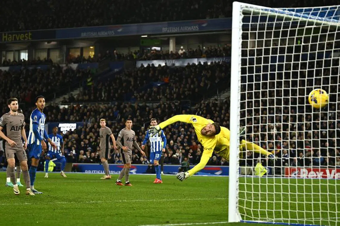 Soccer Football - Premier League - Brighton & Hove Albion v Tottenham Hotspur - The American Express Community Stadium, Brighton, Britain - December 28, 2023 Brighton & Hove Albion's Pervis Estupinan scores their third goal REUTERS/Dylan Martinez