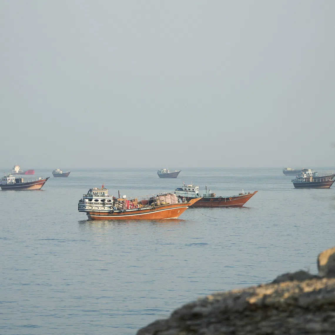 Vessels in the Strait of Hormuz, as seen from Musandam, Oman, on Oct 23.