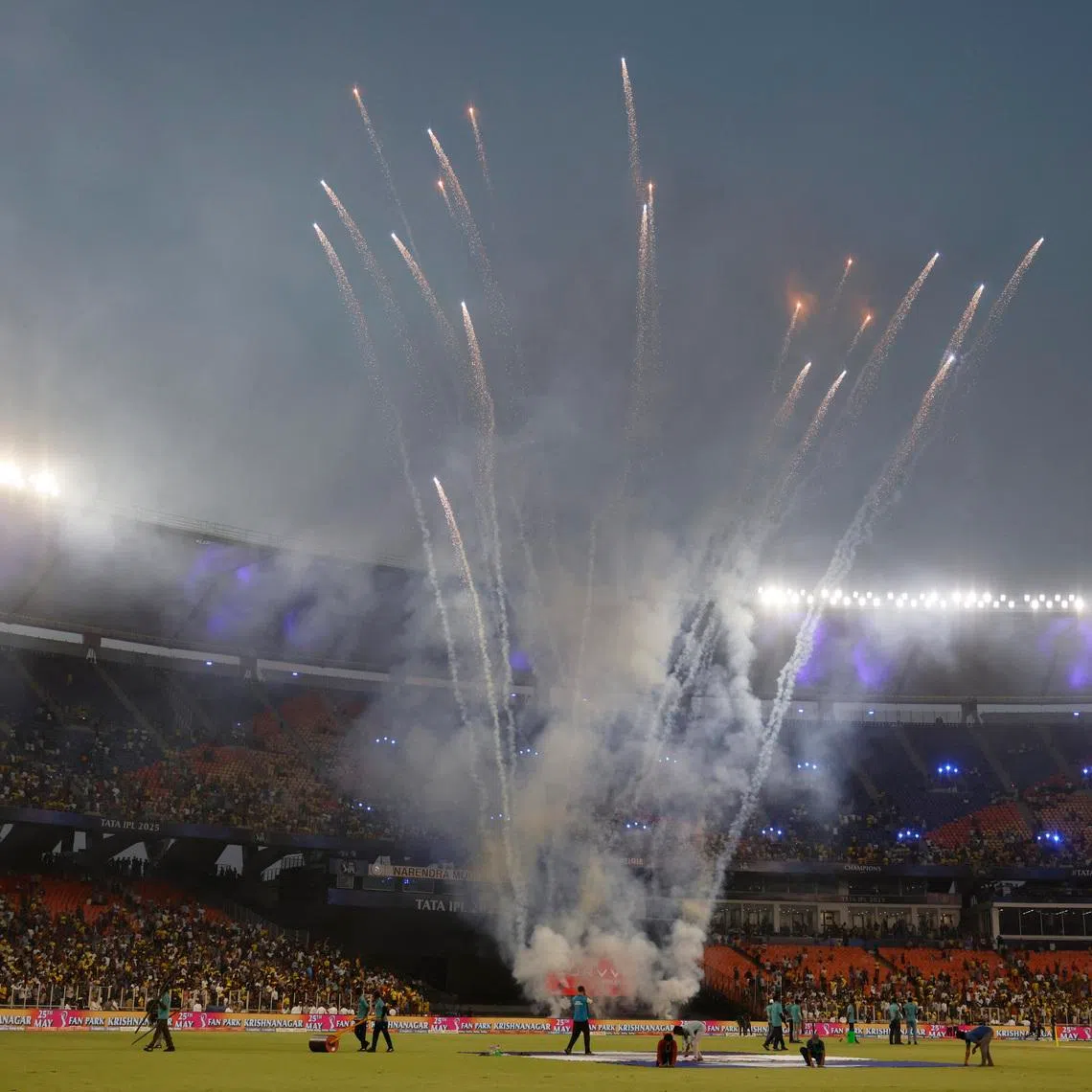 Cricket - Indian Premier League - IPL - Gujarat Titans v Chennai Super Kings - Narendra Modi Stadium, Ahmedabad, India - May 25, 2025 General view of fireworks inside the stadium after the match REUTERS/Amit Dave