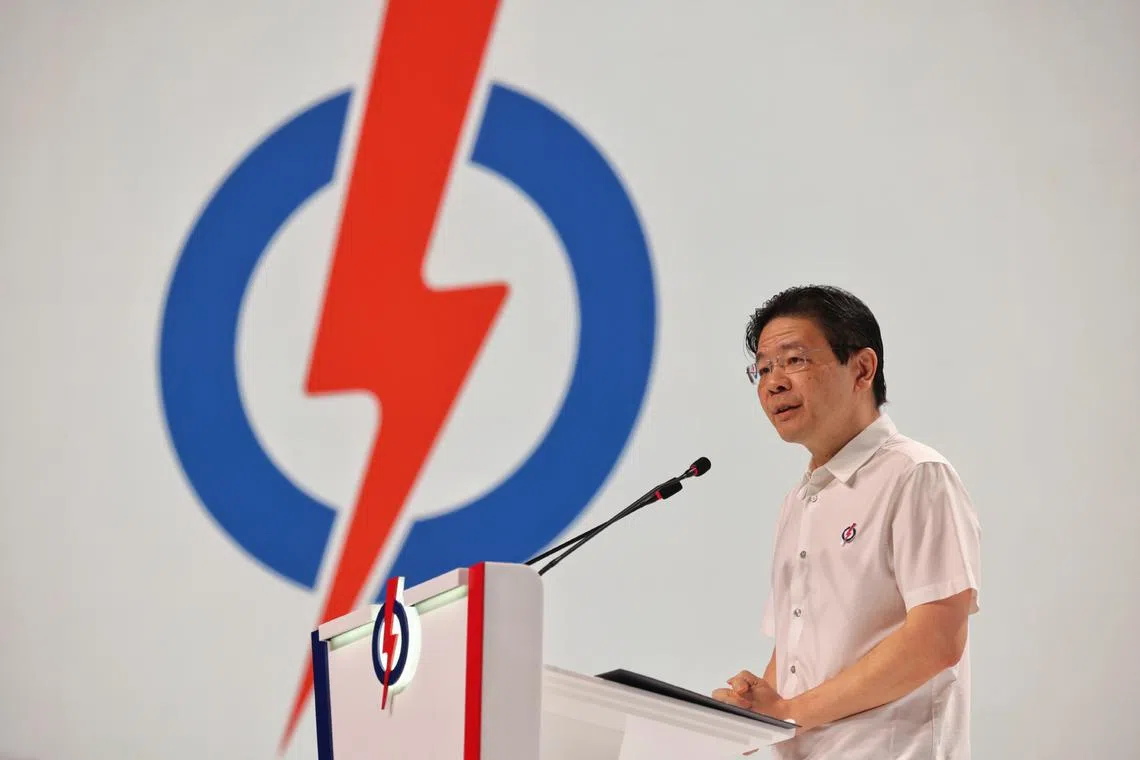 Prime Minister Lawrence Wong speaking at the PAP GE2025 manifesto launch at Infinite Studios on April 17.