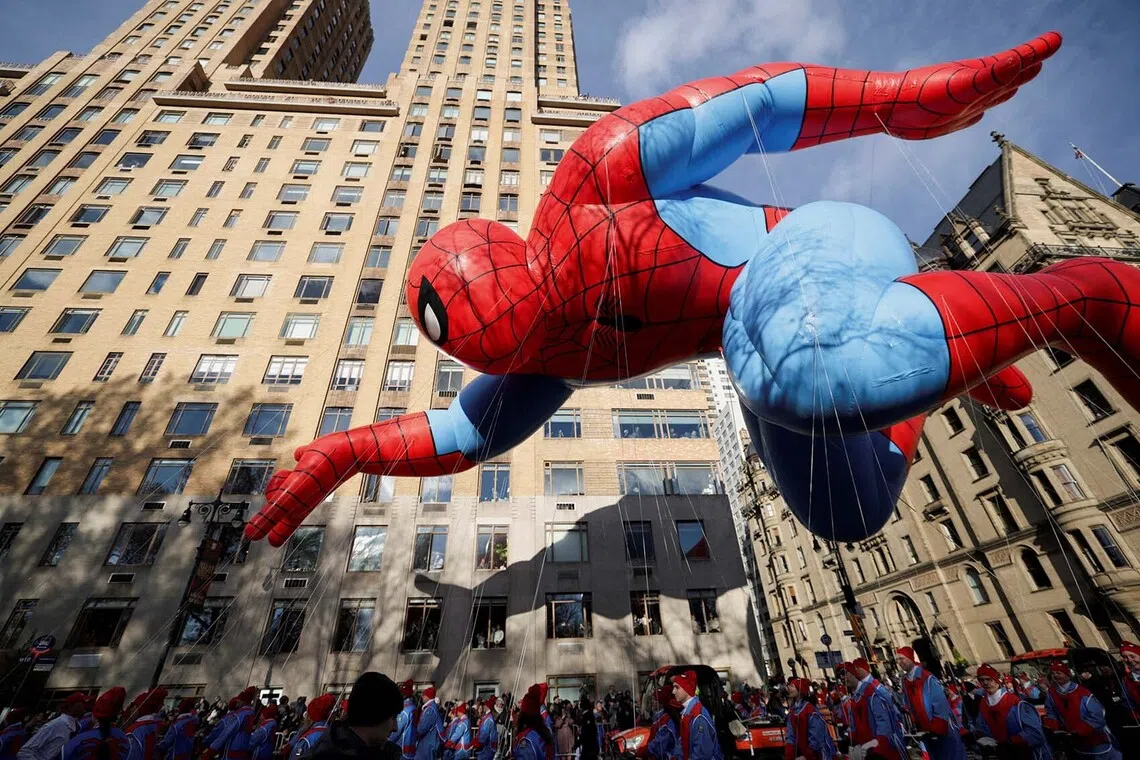 A giant Spider-Man balloon flying during the Macy's Thanksgiving Day Parade in New York City, US, Nov 27, 2025. 