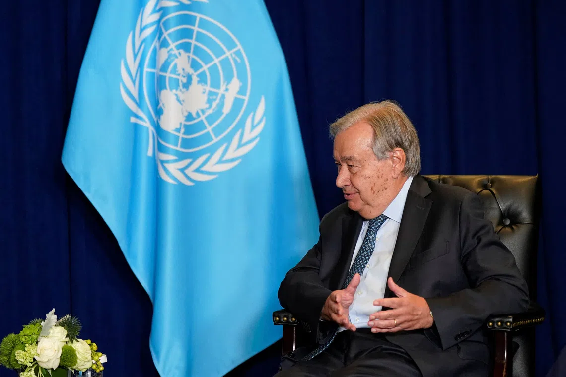 United Nations Secretary-General Antonio Guterres gestures as he meets with U.S. President Donald Trump (not pictured) during the 80th United Nations General Assembly, in New York City, New York, U.S., September 23, 2025. REUTERS/Al Drago/File Photo