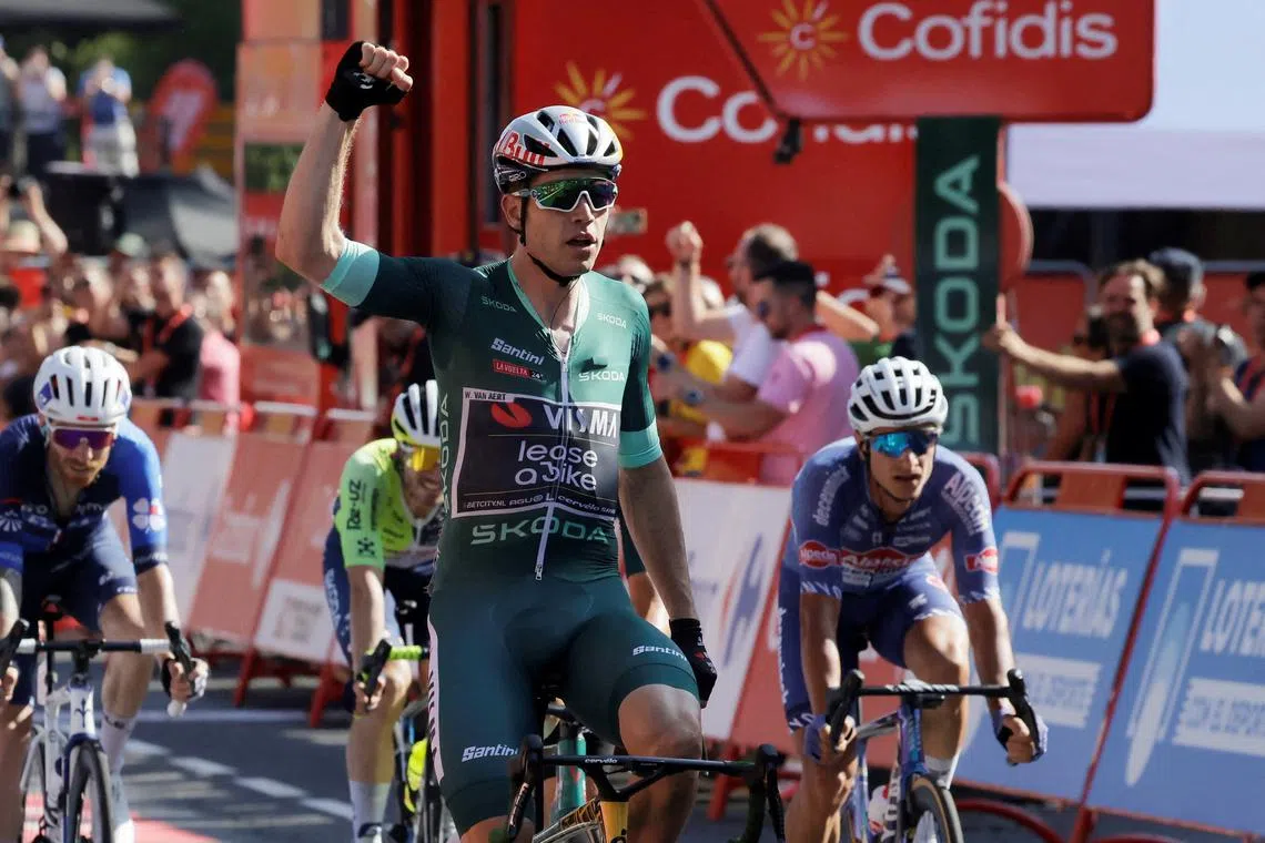 FILE PHOTO: Cycling - Vuelta a Espana - Stage 7 - Archidona to Cordoba - Spain - August 23, 2024 Team Visma | Lease A Bike's Wout Van Aert celebrates winning stage 7 REUTERS/Jon Nazca/File Photo