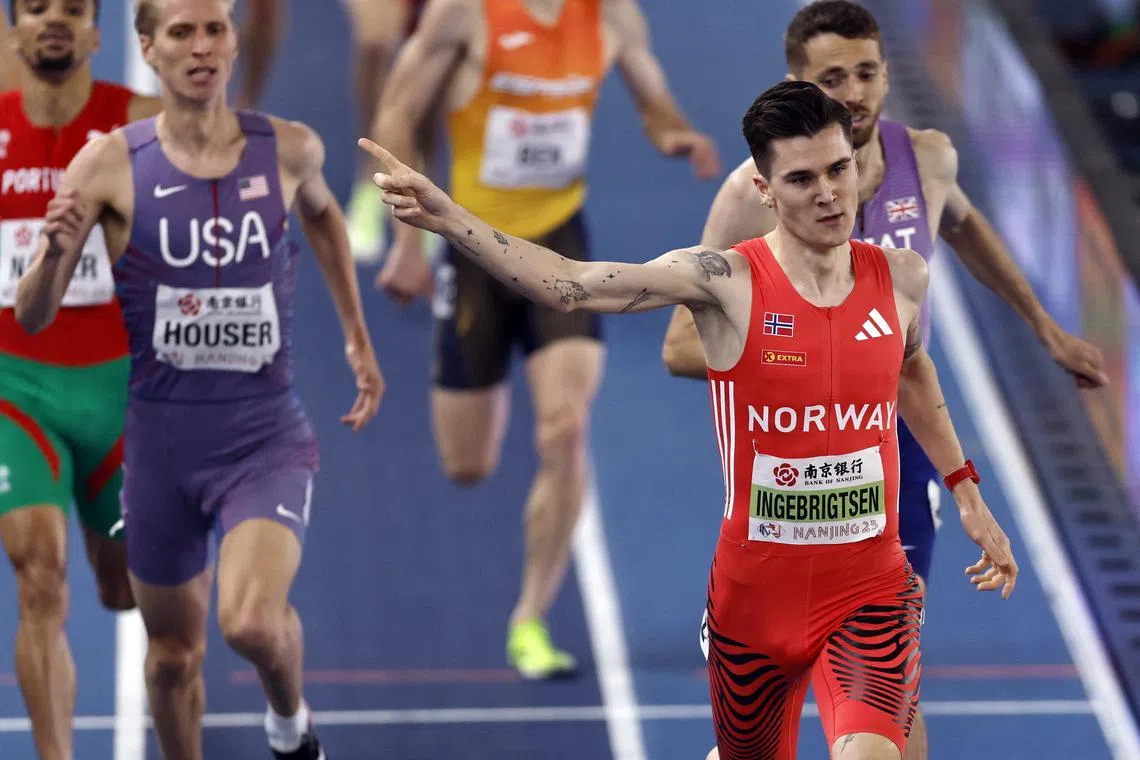 Norway's Jakob Ingebrigtsen clocked 3min 38.79sec to win the 1,500m at the World Indoor Athletics Championships on March 23.