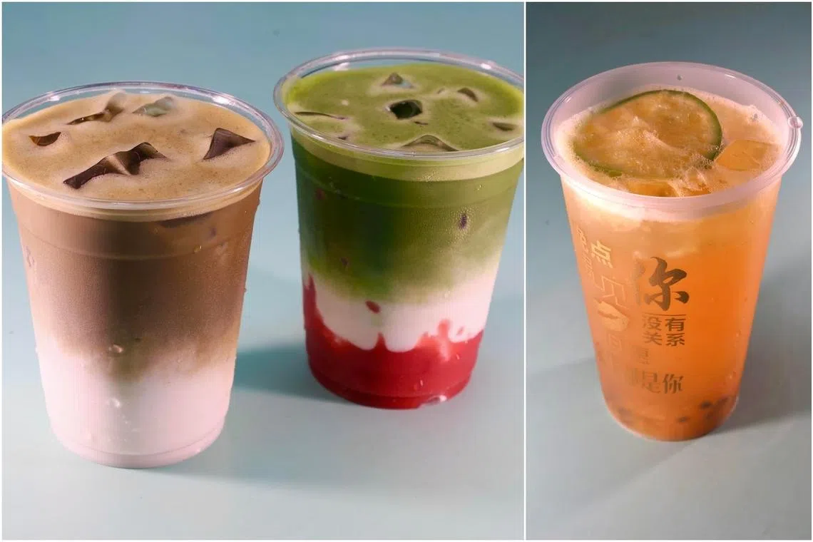 (From left) Hojicha Latte, Strawberry Matcha Latte and Passion Fruit Lemon Tea at White Bar at Hong Lim Market and Food Centre.