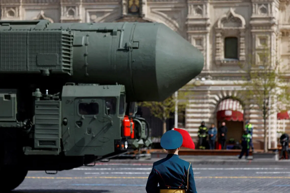 FILE PHOTO: A Russian Yars intercontinental ballistic missile system drives past an honour guard during a military parade on Victory Day, which marks the 77th anniversary of the victory over Nazi Germany in World War Two, in Red Square in central Moscow, Russia May 9, 2022. REUTERS/Maxim Shemetov/File Photo