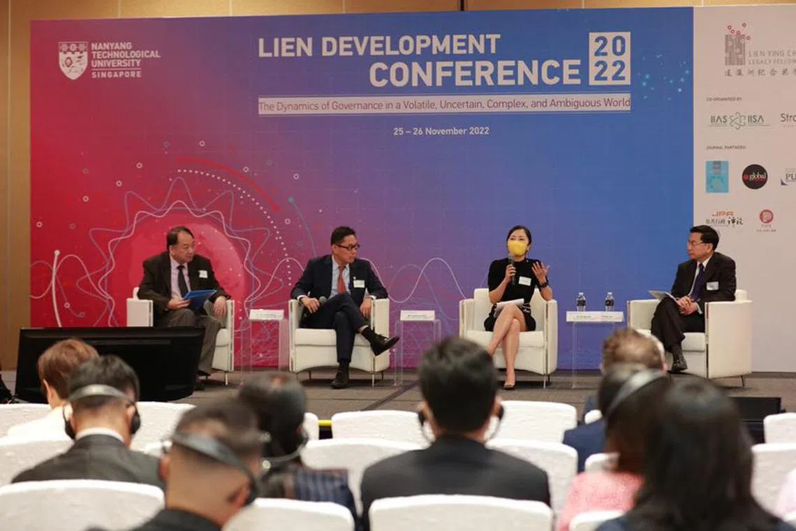 sflien25 - The first panel discussion at the Lien Development Conference 2022 on Nov 25 discussed opportunities and challenges in Asean post-pandemic. 

(From left) Dr Tan Boon Seng, Senior Lecturer, College of Humanities, Arts, & Social Sciences / Nanyang Centre of Public Administration, NTU Singapore;

Mr Lawrence Pek, Secretary-General, Singapore Manufacturing Federation, Singapore;

Dr Gong Xue, Assistant Professor, Deputy Coordinator of Master of Science (International Political Economy), S.Rajaratnam School of International Studies, NTU Singapore;

Mr Philip Lim, Senior Advisor and Founder Counselor, Foresight Economics, Singapore



Credit: Nanyang Technological University