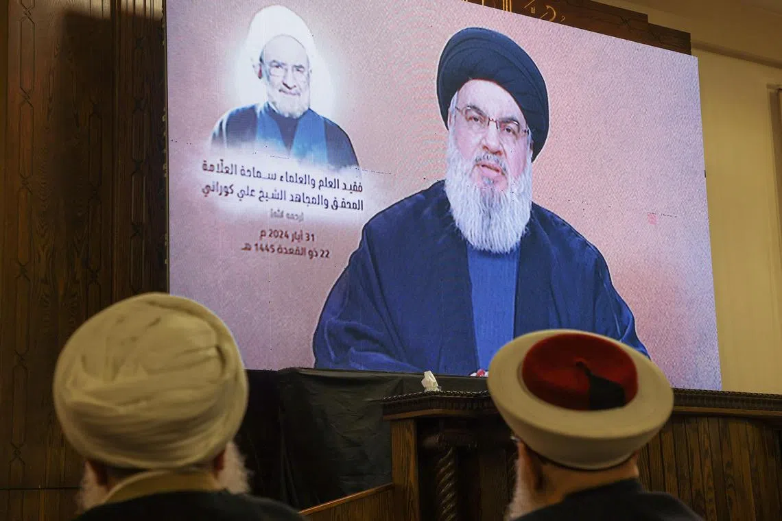 Hezbollah leader Sayyed Hassan Nasrallah giving a televised address on June 19,  during a memorial event in Lebanon for a commander killed in an Israeli strike.