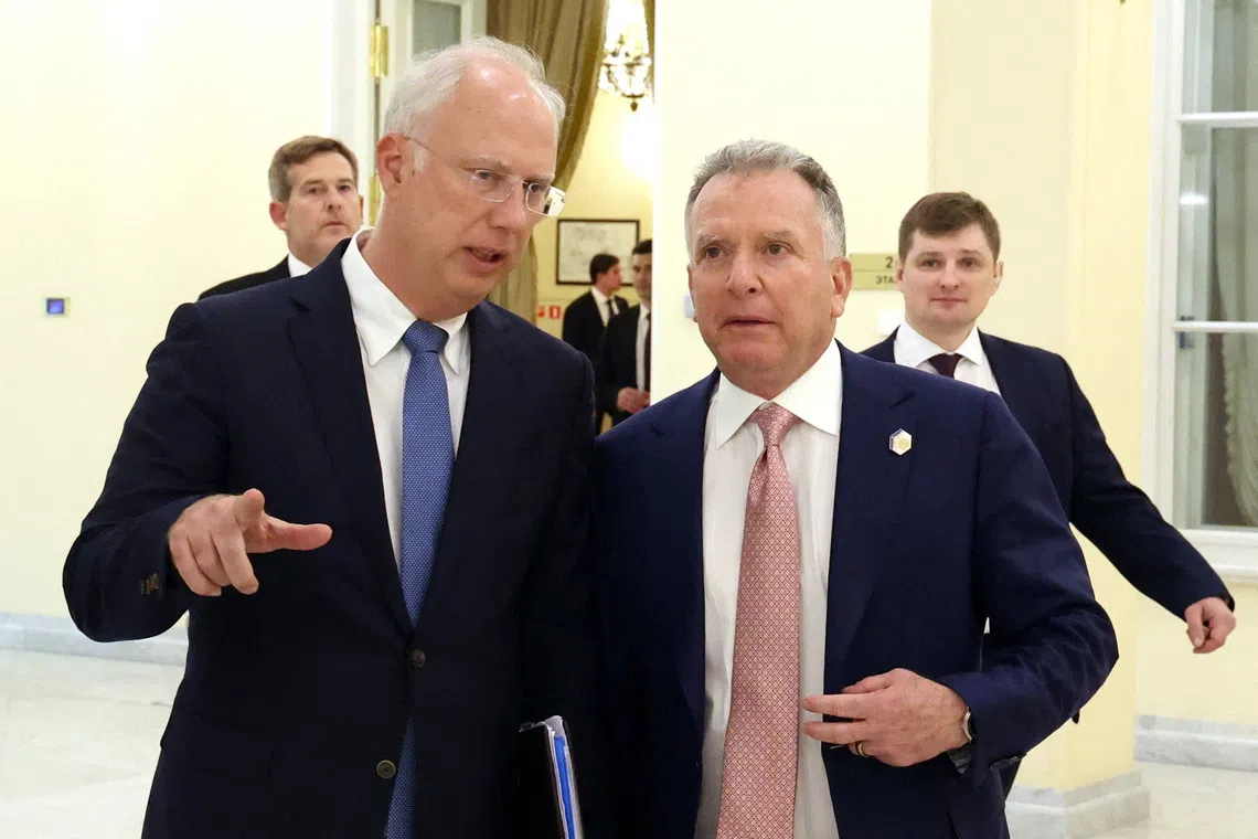 FILE PHOTO: Head of the Russian Direct Investment Fund and Russian special presidential envoy for economic cooperation with foreign countries, Kirill Dmitriev, talks to U.S. President Donald Trump's special envoy Steve Witkoff during a meeting in Saint Petersburg, Russia April 11, 2025. Sputnik/Vyacheslav Prokofyev/Pool via REUTERS/File Photo
