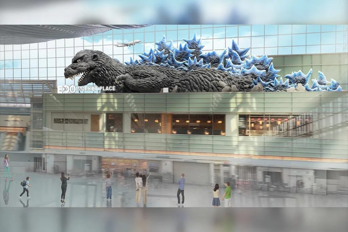 The Godzilla monument, which portrays the reptilian monster as if bursting from a building, measures about 40m long and 9m high. 