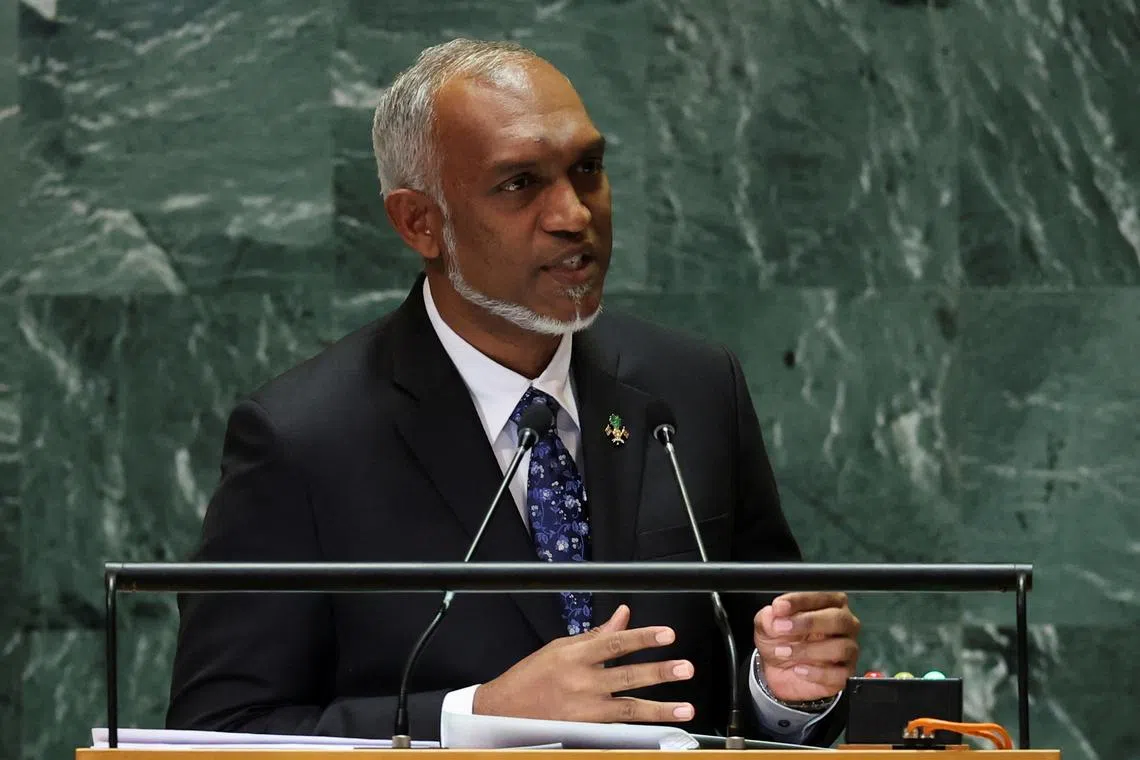 FILE PHOTO: Maldives' President Mohamed Muizzu addresses the 79th United Nations General Assembly at U.N. headquarters in New York, U.S., September 24, 2024.  REUTERS/Mike Segar/File Photo