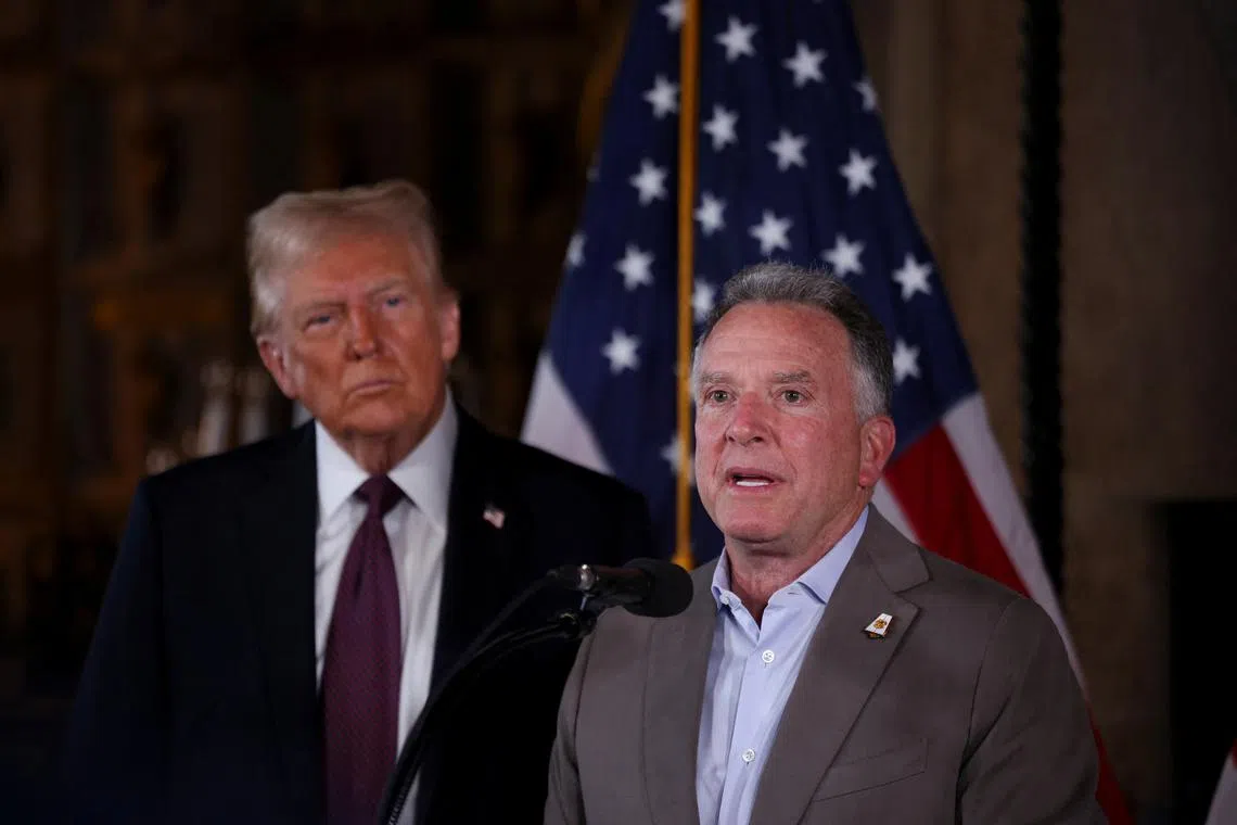 American business person Steve Witkoff makes remarks next to U.S. President-elect Donald Trump, at Mar-a-Lago in Palm Beach, Florida, U.S. January 7, 2025. REUTERS/Carlos Barria