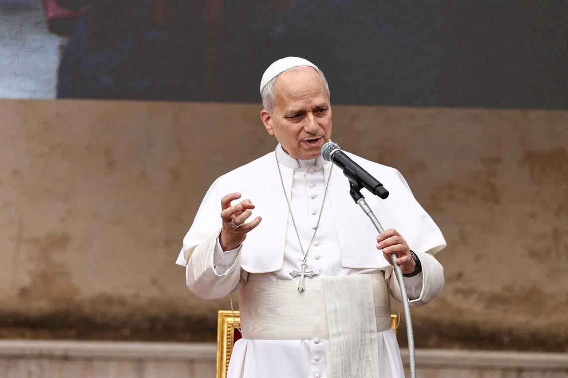 Pope Leo XIV speaks to faithful during a visit to the parish complex of Sacro Cuore di Gesu in Ponte Mammolo, where he stressed that conflicts cannot be resolved through war and called for continuous dialogue for peace, on the outskirts of Rome, Italy, March 15, 2026.