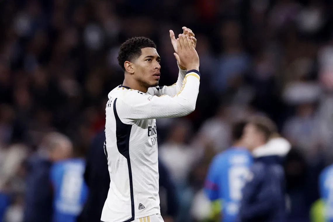 Soccer Football - Champions League - Round of 16 - Second Leg - Real Madrid v RB Leipzig - Santiago Bernabeu, Madrid, Spain - March 6, 2024 Real Madrid's Jude Bellingham applauds fans after the match REUTERS/Juan Medina