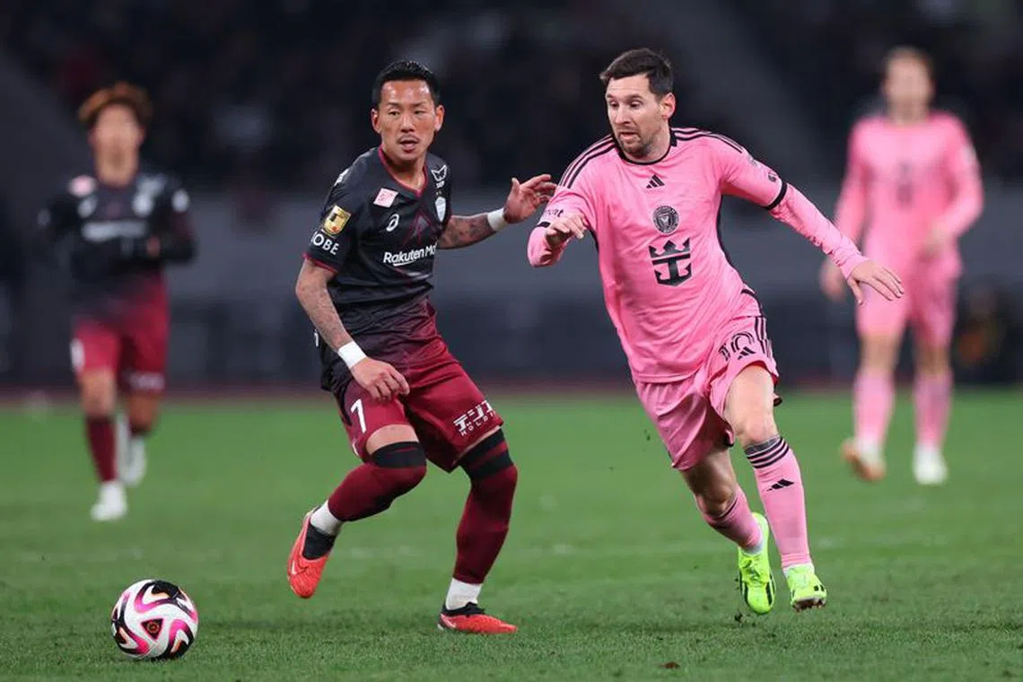 Feb 7, 2024; Tokyo, Japan;  Inter Miami CF forward Lionel Messi (10) dribbles against Vissel Kobe midfielder Yosuke Ideguchi (7) during the second half of a preseason friendly at Japan National Stadium. Mandatory Credit: Naoki Nishimura-USA TODAY Sports/File Photo