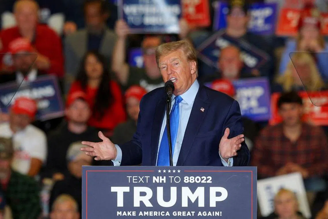 Republican presidential candidate and former U.S. President Donald Trump speaks during a campaign rally in Claremont, New Hampshire, U.S., November 11, 2023. REUTERS/Brian Snyder/File Photo