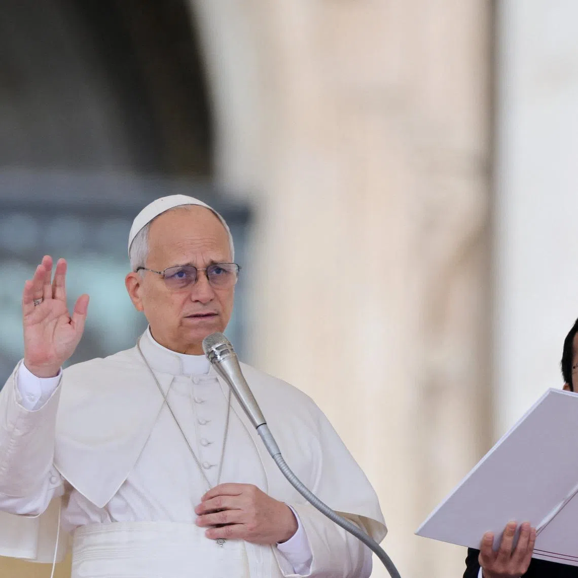Pope Leo XIV speaks during the weekly general audience in Saint Peter's Square at the Vatican, March 11, 2026. REUTERS/Yara Nardi