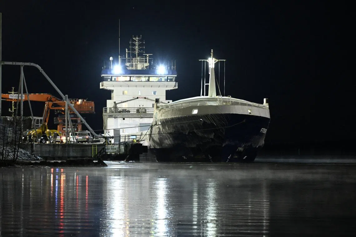 Seized vessel Fitburg rests in harbour in Kirkkonummi, Finland, December 31, 2025. Roni Rekomaa/Lehtikuva/via REUTERS