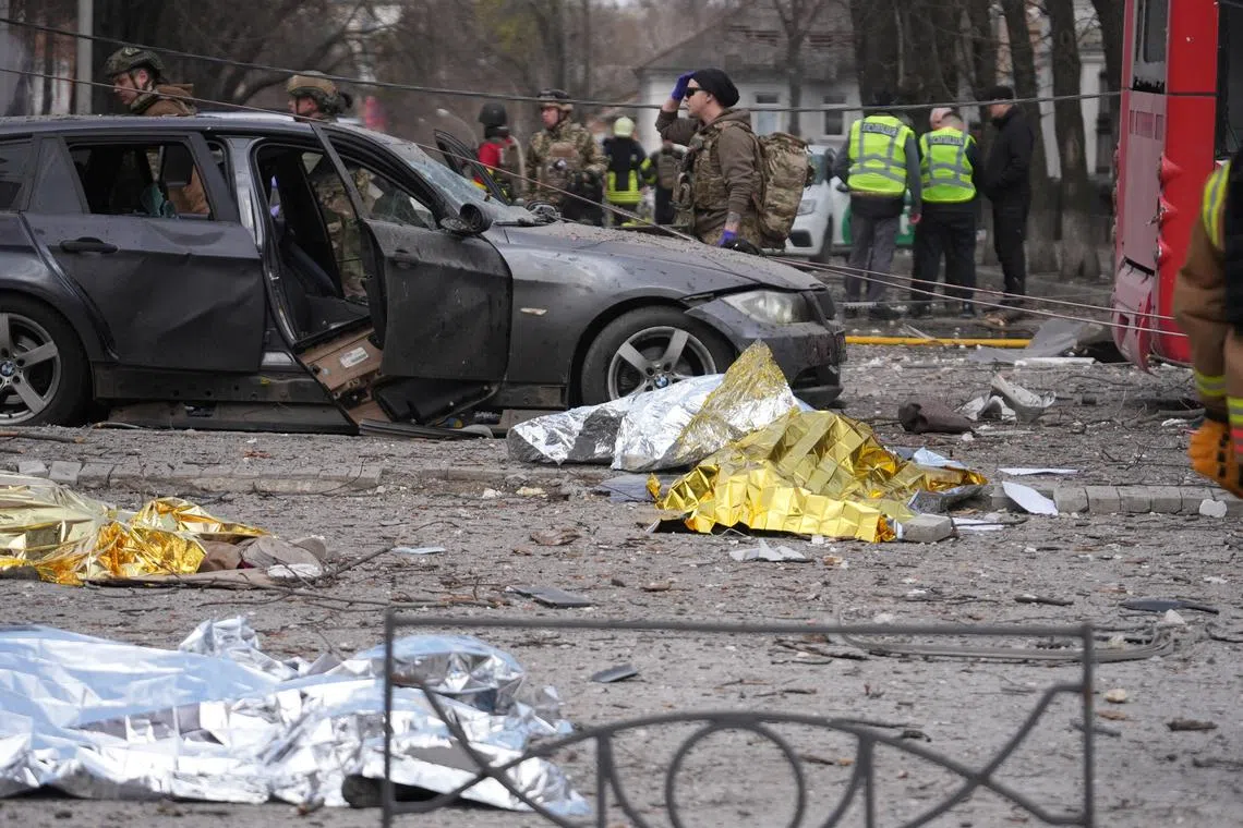 A view shows the site of a Russian missile strike, amid Russia's attack on Ukraine, in Sumy, Ukraine April 13, 2025. REUTERS/Stringer