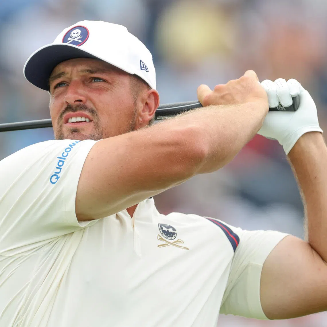 Jun 13, 2025; Oakmont, Pennsylvania, USA; Bryson DeChambeau plays his shot from the tenth tee during the second round of the U.S. Open golf tournament. Mandatory Credit: Charles LeClaire-Imagn Images