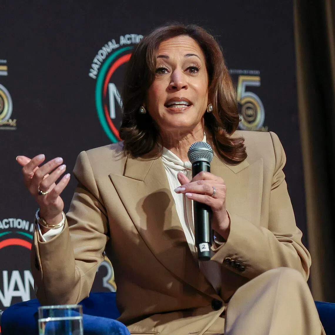 Former US vice-president Kamala Harris speaking at the National Action Network 2026 convention in New York, on April 10.