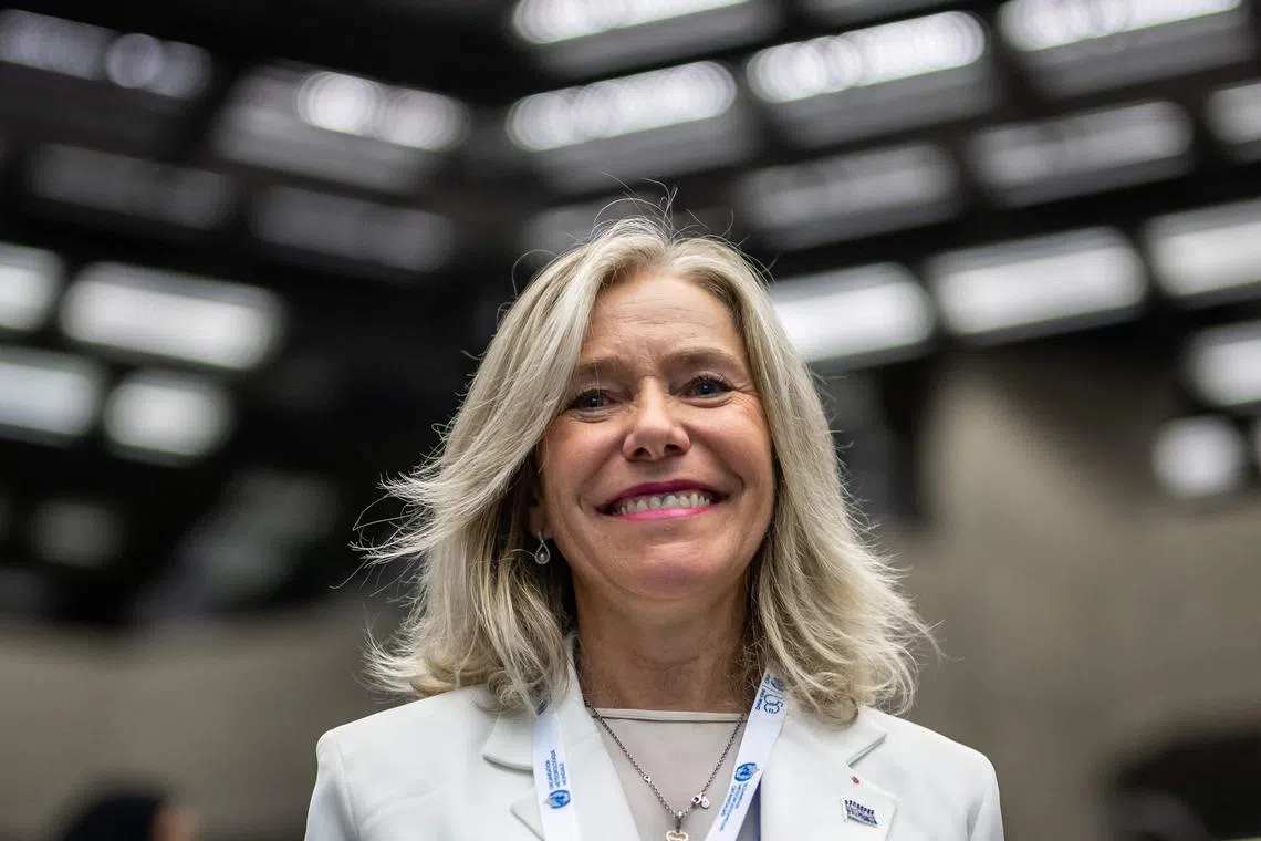 Argentina's Celeste Saulo poses after she was elected as Secretary-general of the World Meteorological Organization (WMO) in Geneva, on June 1, 2023. The WMO voted in Argentina's Celeste Saulo on to become its first woman leader and steer the WMO's critical global role in tracking climate change. Saulo, a WMO vice president who has headed Argentina's weather agency since 2014, won a landslide in a vote held behind closed doors at the UN climate and weather agency's congress in Geneva. (Photo by Fabrice COFFRINI / AFP)