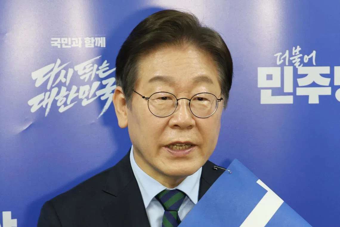 Former Democratic Party leader Lee Jae-myung speaks to reporters after winning an overwhelming victory in a primary in the central Chungcheong region, South Korea, on April 19. 