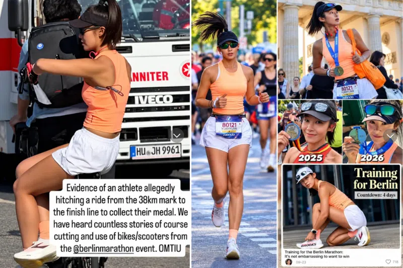 Fitness influencer Abeeeer was photographed riding piggyback on a bicycle at the 38km mark of the Berlin Marathon in September.