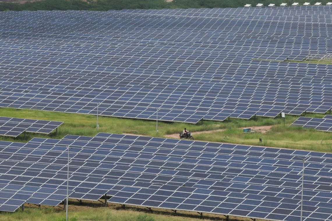 A man rides a motorcycle through a field of solar panels in Gujarat Solar Park at Patan district, Gujarat, India, on Sept 12, 2024. PHOTO: REUTERS