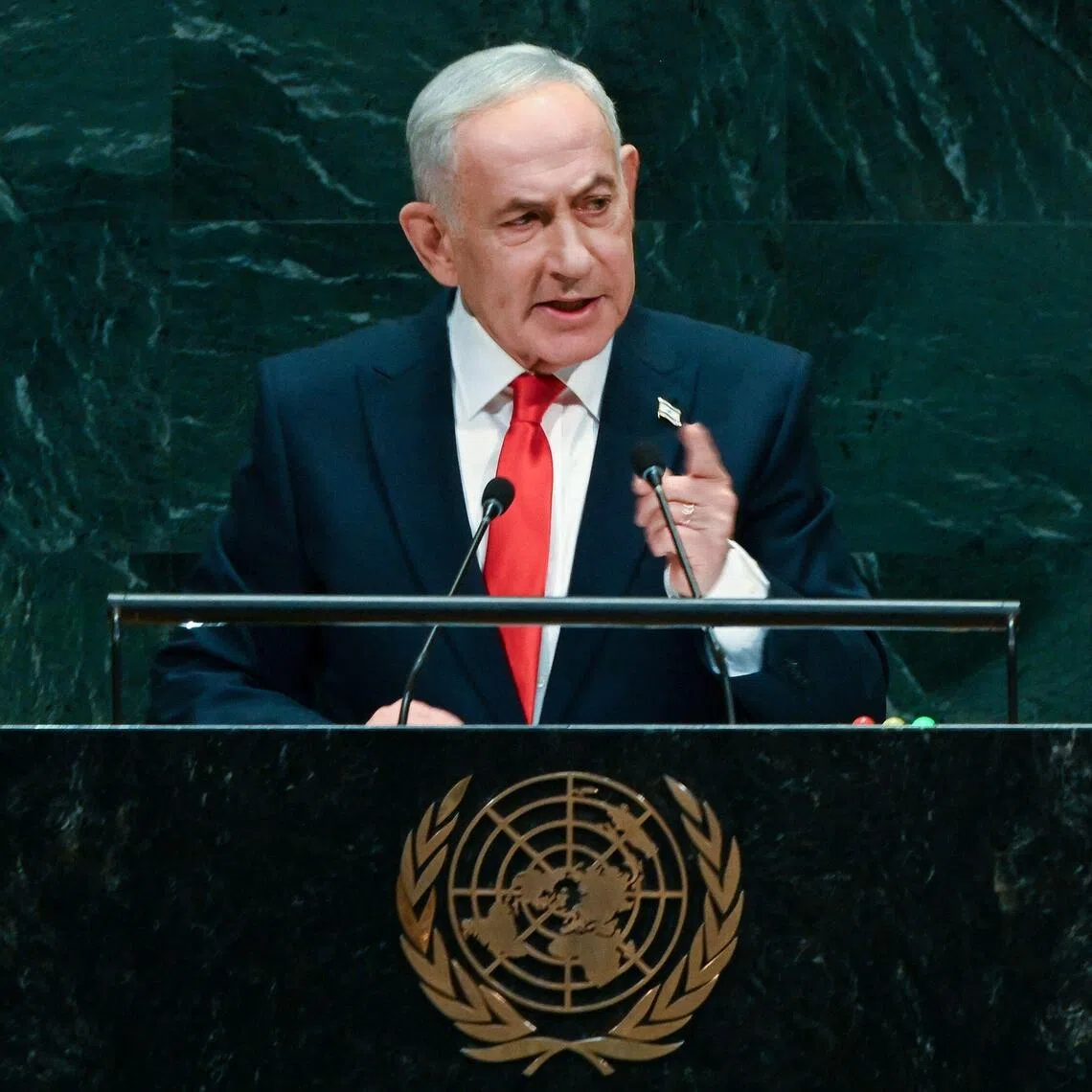 Israeli Prime Minister Benjamin Netanyahu addressing the United Nations General Assembly on Sept 24, in New York City.