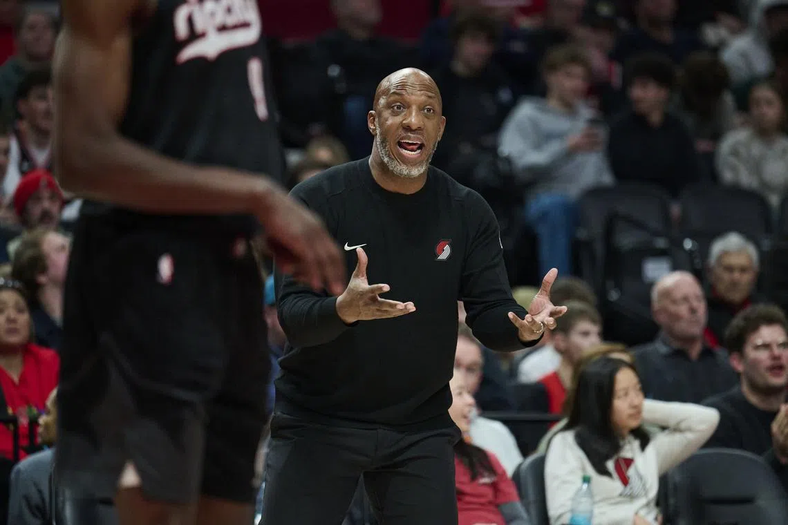 FILE PHOTO: Dec 19, 2024; Portland, Oregon, USA; Portland Trail Blazers head coach Chauncey Billups reacts to a call during the second half against the Denver Nuggets at Moda Center. Mandatory Credit: Troy Wayrynen-Imagn Images/File photo