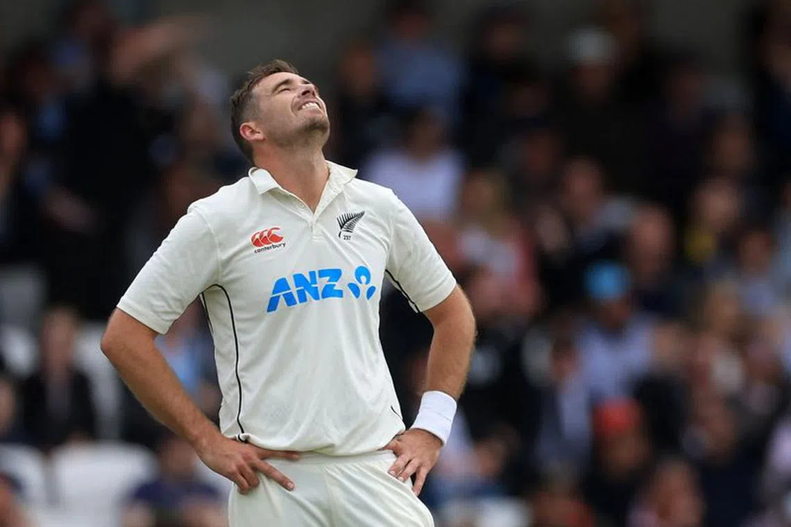 Cricket - Third Test - England v New Zealand - Yorkshire Cricket Ground, Leeds, Britain - June 26, 2022 New Zealand's Tim Southee reacts Action Images via Reuters/Lee Smith/File Photo