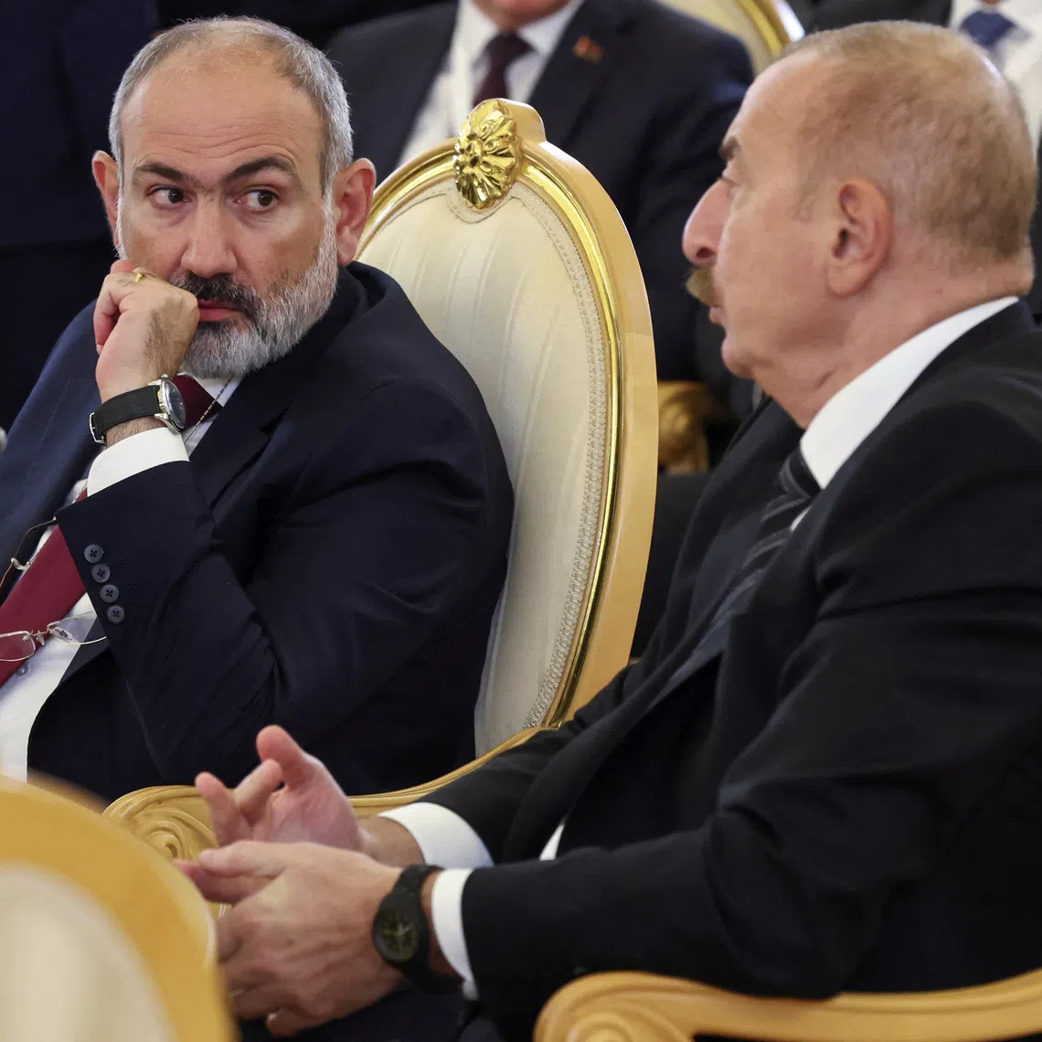 Azerbaijani President Ilham Aliyev and Armenian Prime Minister Nikol Pashinyan attend a summit of leaders of nations, which are members of the Commonwealth of Independent States (CIS), at the Kremlin in Moscow, Russia October 8, 2024. Sergei Ilnitsky/Pool via REUTERS