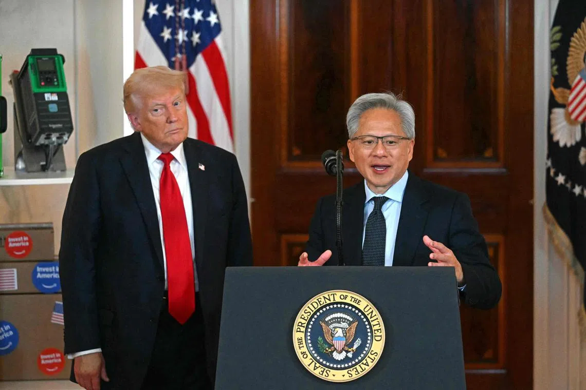 Nvidia CEO Jensen Huang speaks alongside US President Donald Trump at the White House on April 30, 2025. 