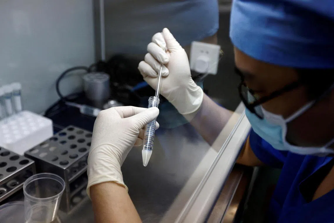 FILE PHOTO: A doctor extracts semen specimen, at the embryologic laboratory of the assisted reproductive centre, at the Beijing Perfect Family Hospital, which specialises in fertility treatments, in Beijing, China April 6, 2023. REUTERS/Tingshu Wang/File Photo
