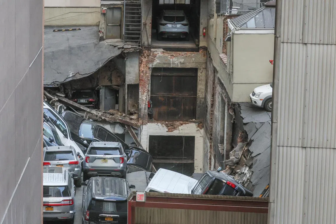 A general view of a collapsed parking garage in the Manhattan borough of New York City, U.S., April 18, 2023.  REUTERS/Brendan McDermid