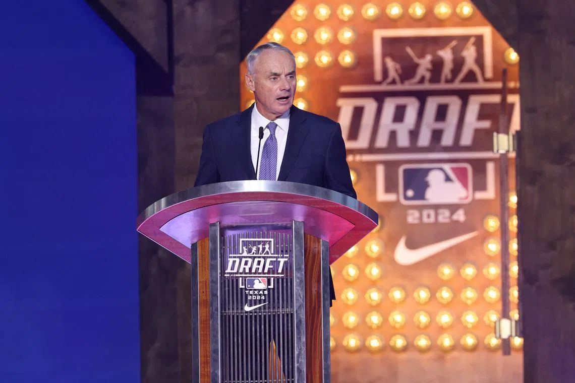 Jul 14, 2024; Ft. Worth, TX, USA;  MLB Commissioner Rob Manfred during the first round of the MLB Draft at Cowtown Coliseum. Kevin Jairaj-USA TODAY Sports/File Photo