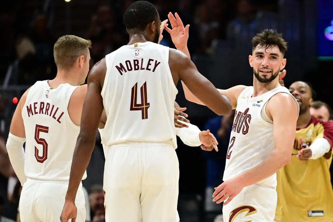 Cleveland Cavaliers guard Ty Jerome celebrating with guard Sam Merrill and forward Evan Mobley after hitting a three-point basket during the 122-108 win over Toronto Raptors at Rocket Mortgage FieldHouse on Nov 24. He has scored at least 24 points in three of his past four games.