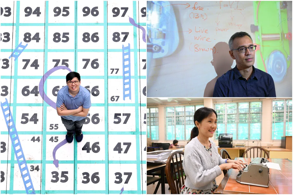 (Clockwise from top left) Maths teacher Joel Lee, science teacher Syed Ali Mohamed Alhabshee and resource teacher Penny Chong.