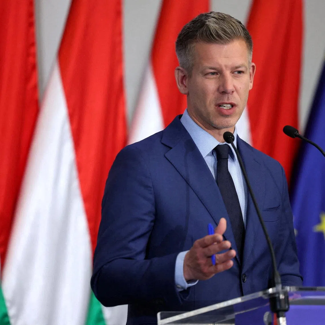 FILE PHOTO: Election winner Peter Magyar speaks during a press conference in Budapest, Hungary, April 20, 2026. REUTERS/Bernadett Szabo/File Photo
