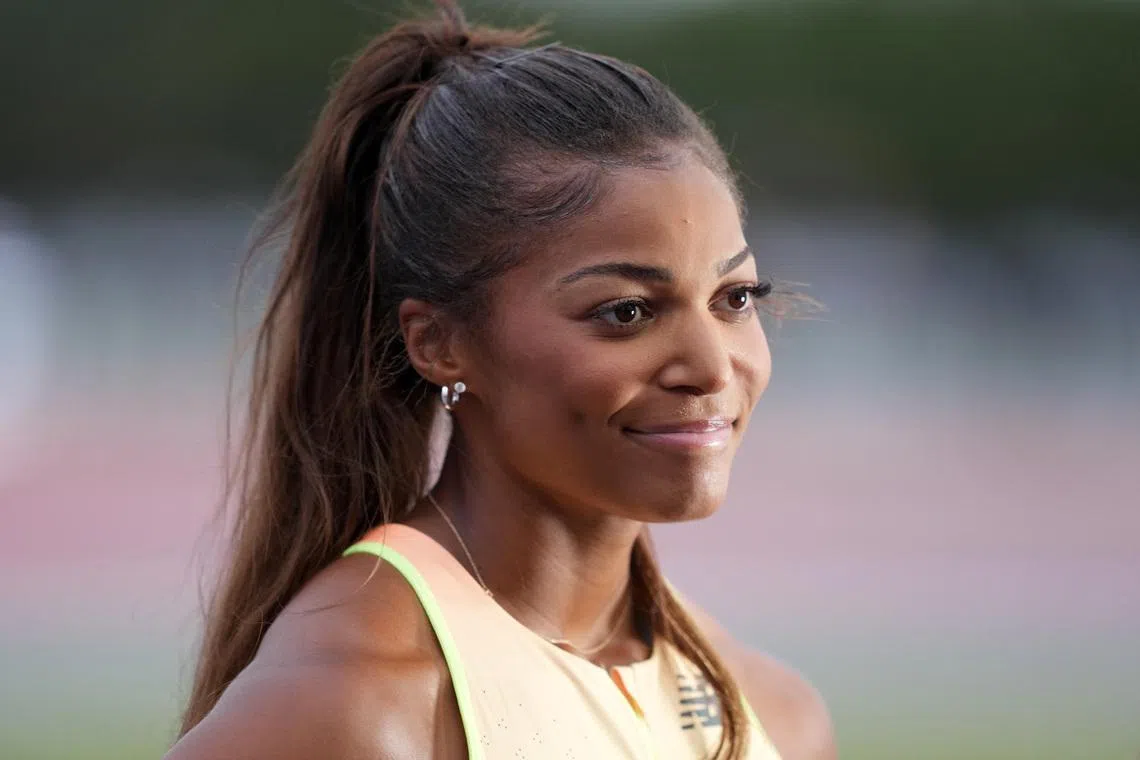 May 3, 2025; Miramar, FL, USA; Gabby Thomas aka Gabrielle Thomas (USA) reacts after winning the short sprints women's 200m in 21.95 during the Grand Slam Track Miami at Ansin Sports Complex. Mandatory Credit: Kirby Lee-Imagn Images/File Photo