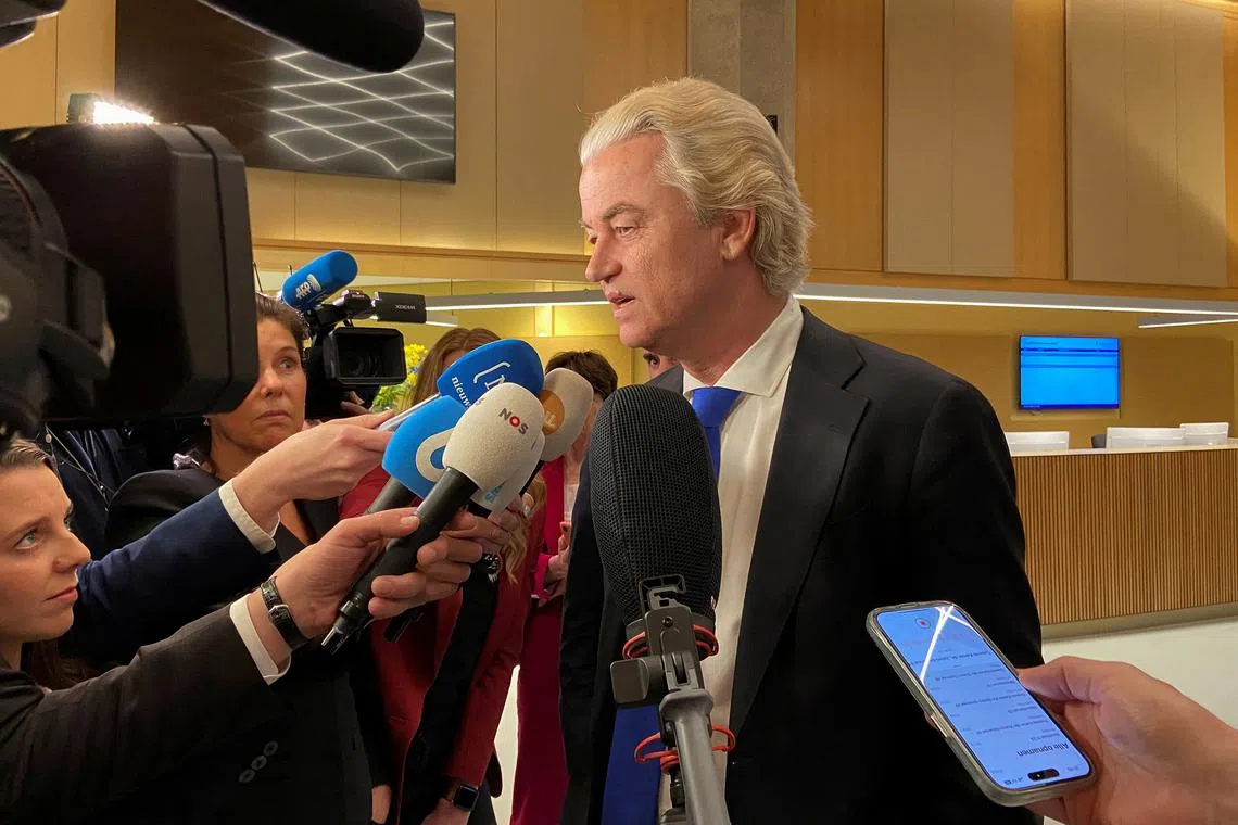 FILE PHOTO: Dutch far-right leader Geert Wilders speaks to media in The Hague, Netherlands after polls closed in an EU election on June 6, 2024. REUTERS/Lewis Macdonald/File Photo