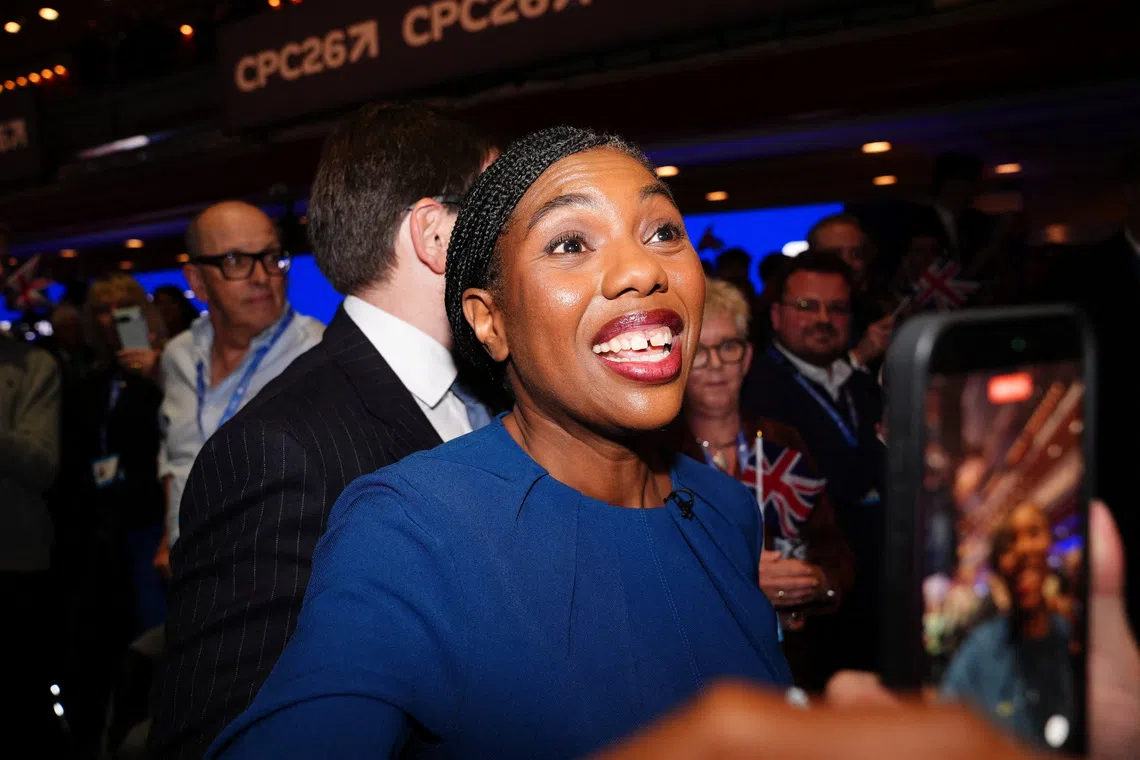 Britain's Conservative Party leader Kemi Badenoch leaves the stage after delivering her keynote speech, during the Conservative Party conference at the International Convention Centre, Birmingham, Britain, October 7, 2026.    Jacob King/Pool via REUTERS