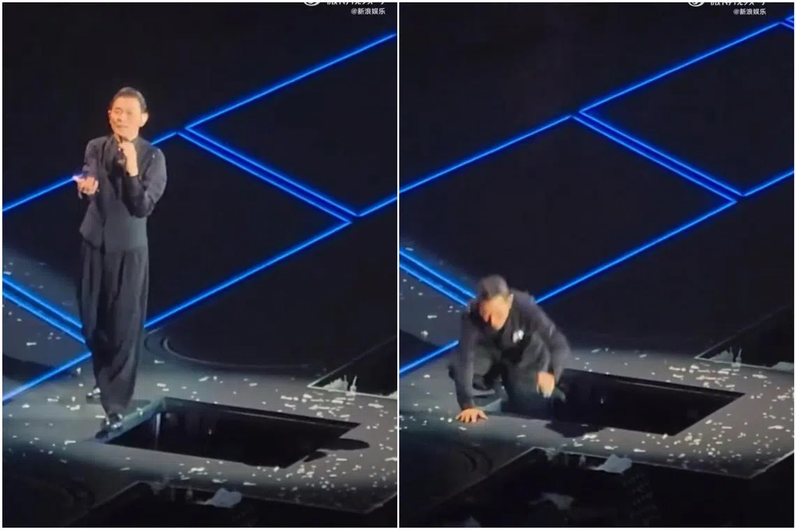 Superstar Andy Lau did not notice that a trapdoor had not closed and almost stepped into it.