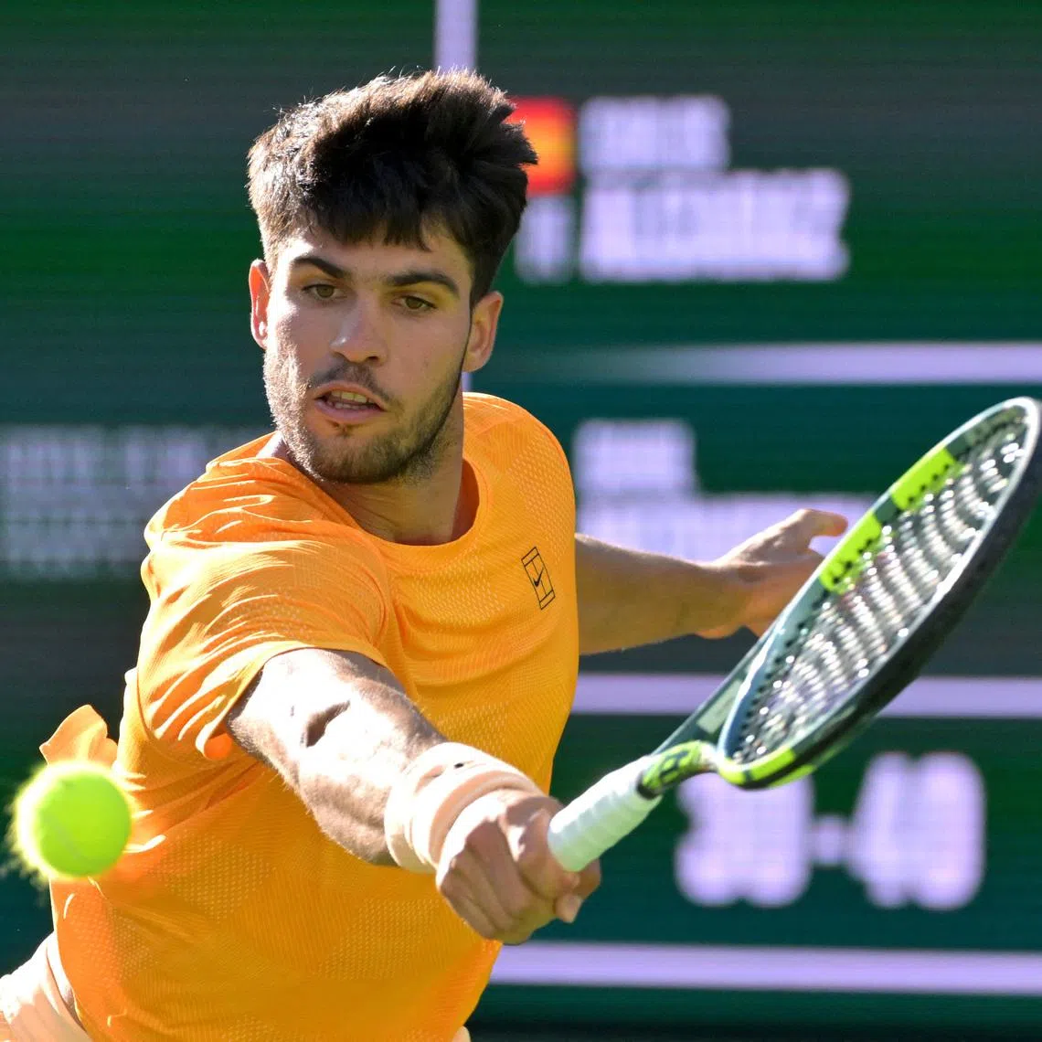 Mar 14, 2026; Indian Wells, CA, USA; Carlos Alcaraz (ESP) during his semifinal match against Daniil Medvedev (RUS) in the BNP Paribas Open at the Indian Wells Tennis Garden. Mandatory Credit: Jayne Kamin-Oncea-Imagn Images