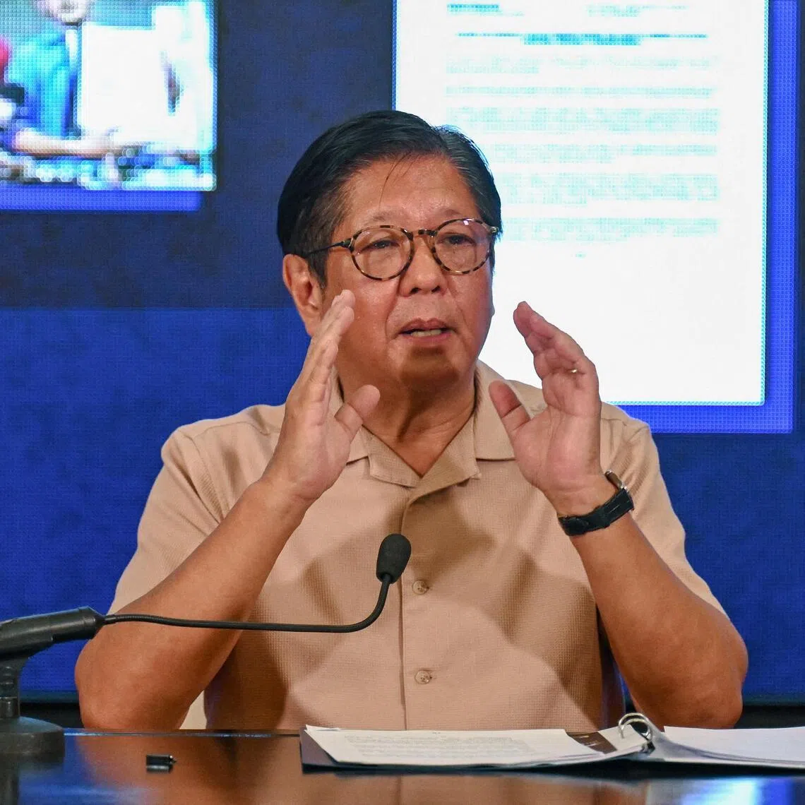 Philippine President Ferdinand Marcos Jr speaks during a press conference at Malacanang Palace in Manila on November 13, 2025. 
